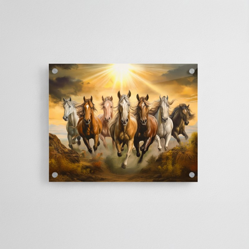 7 Horses Vastu Frame Wall Art,  Running Horses Vastu Rising Sun Wall Decor, Multicolor, Nature, 31 cm X 21 cm,